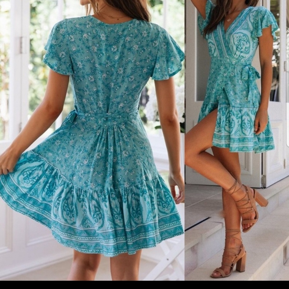 NWOT Boho Turquoise Floral Print Wrap Dress - Picture 2 of 4